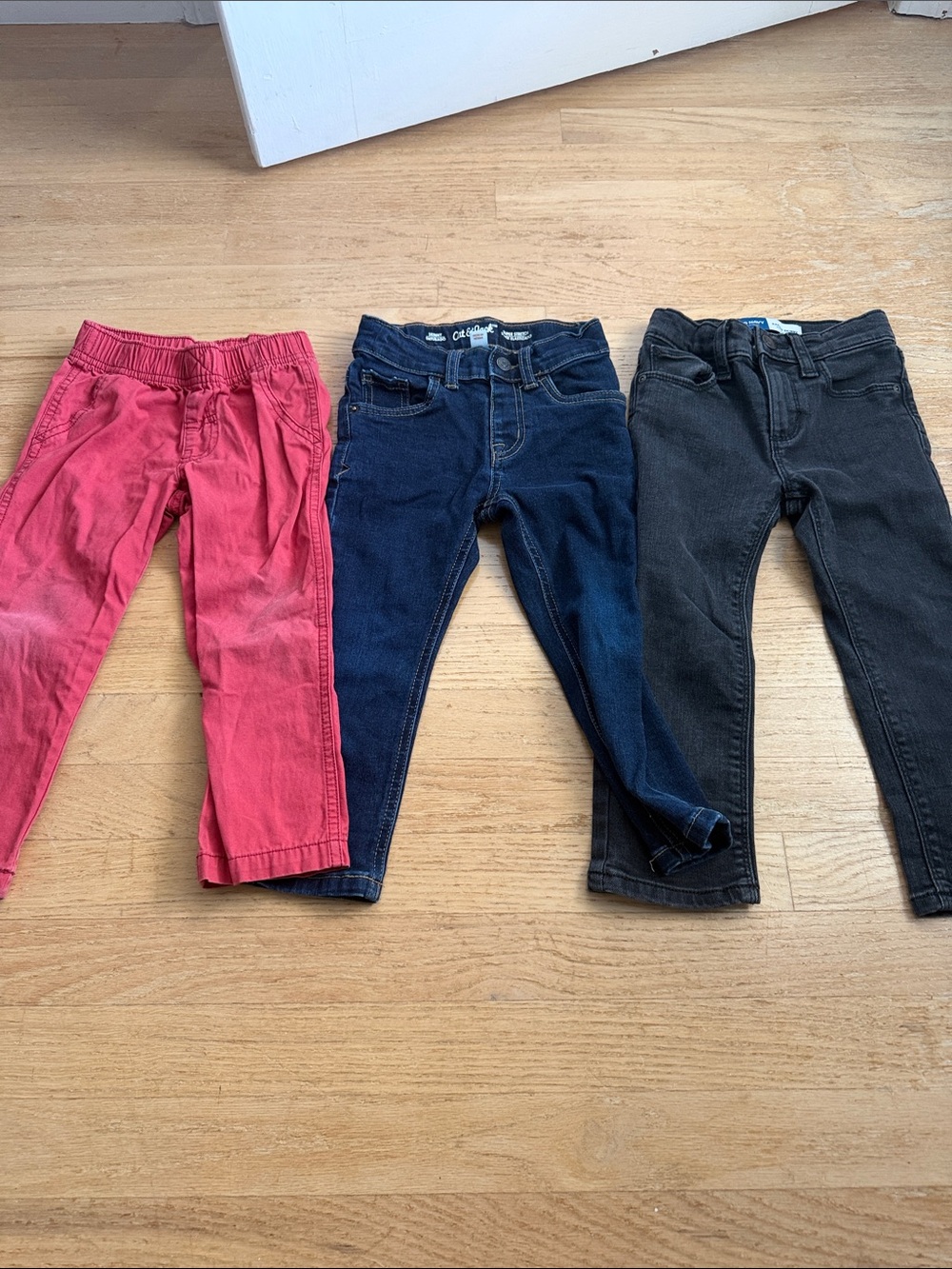 Kids Pull-On Jeans & Pants Trio - Red, Dark Blue & Black